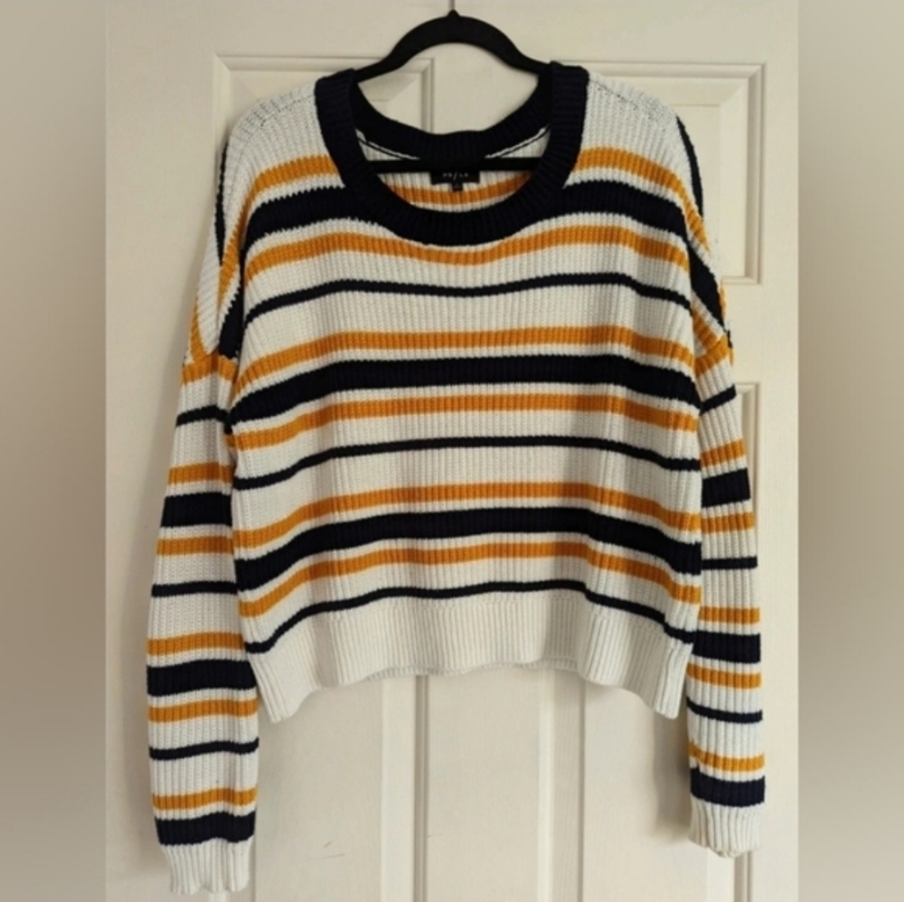 Navy and Mustard Striped Crew Neck Sweater